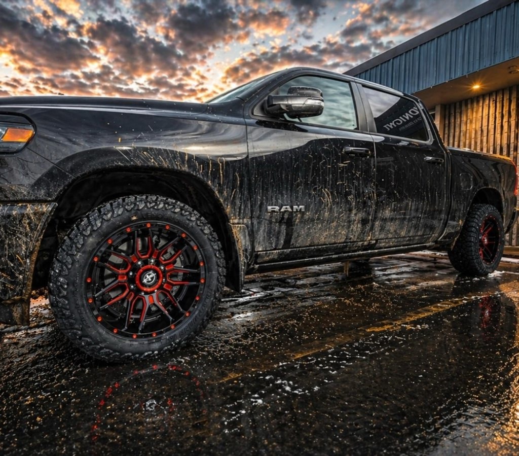 Black Ram on red and black off-road wheels in the mud
