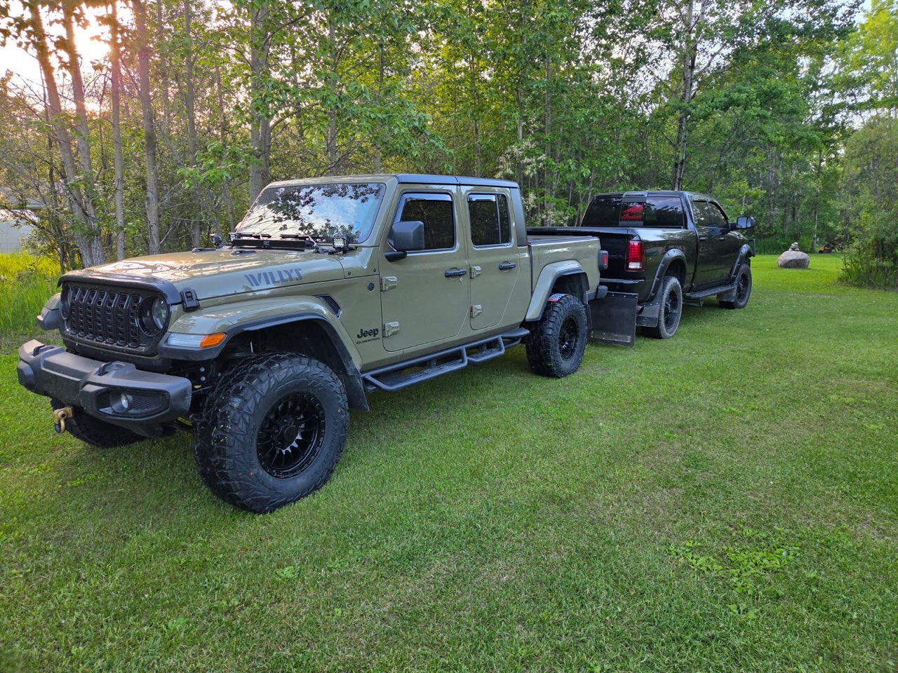 Green Jeep Gladiator Willys on black off-road wheels